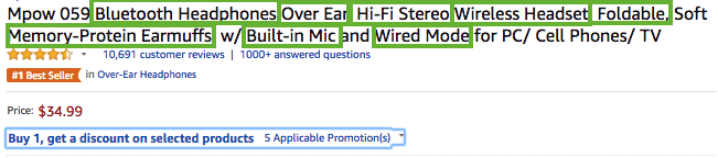 Example of Amazon keywords in title listing