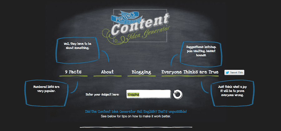 Free blog post title generator and content idea generator for bloggers - Portent screenshot